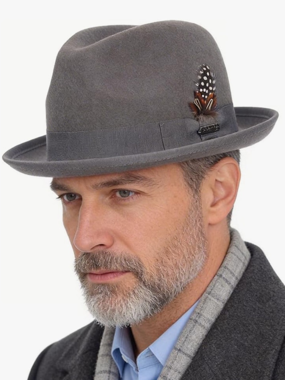 Men's Dark Gray Felt Fedora with Feather Trim